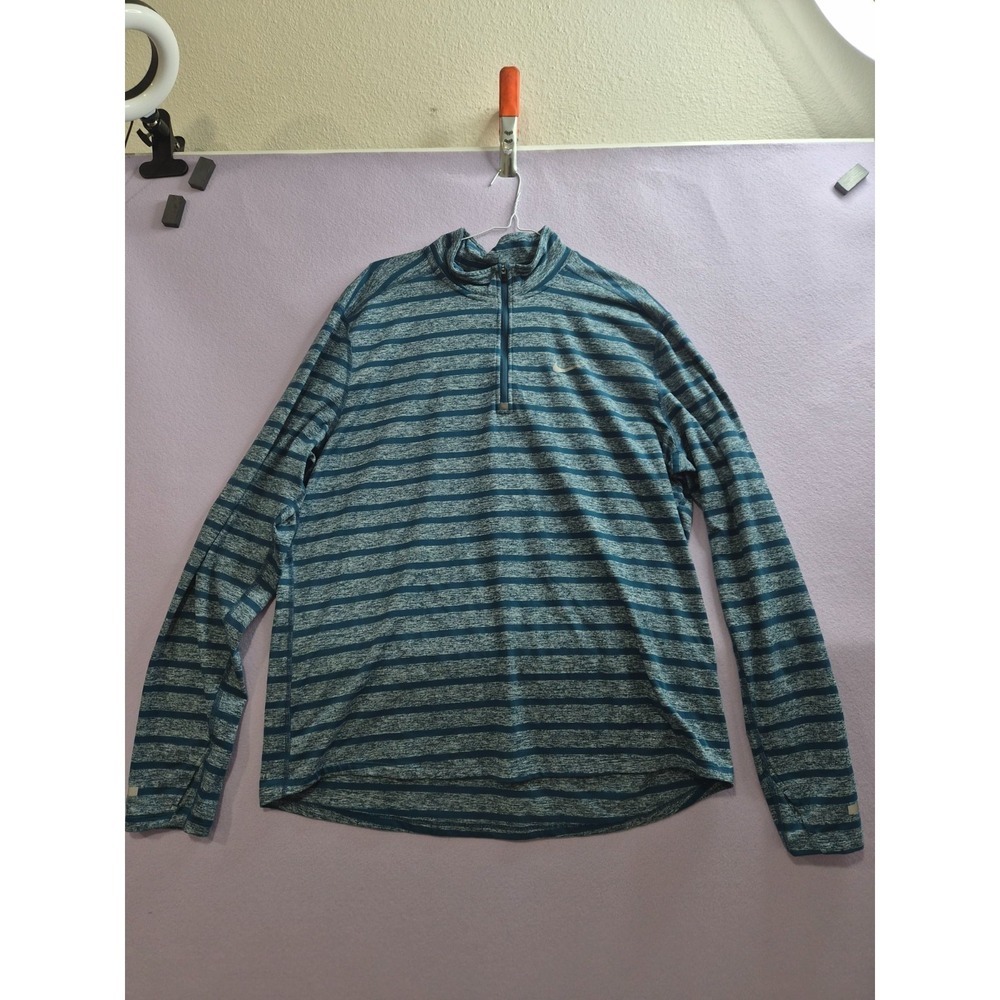 Nike Dri Fit Running Top Mens XL Heather Teal Blue Striped 1/4 Zip Athletic Wear